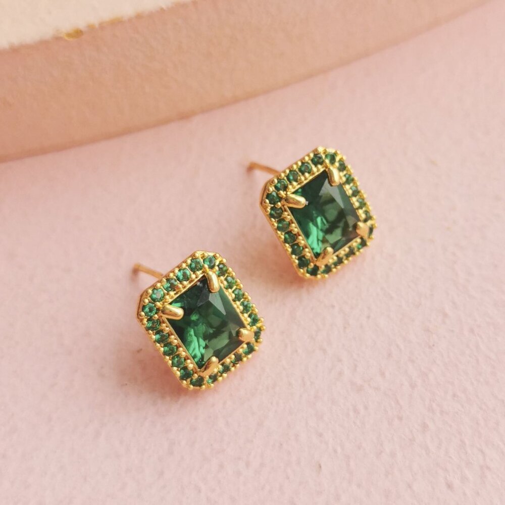 Alicia Bonnie - Aurora Green Crystal Gold Stud Earrings - NEW - Picture 2 of 3